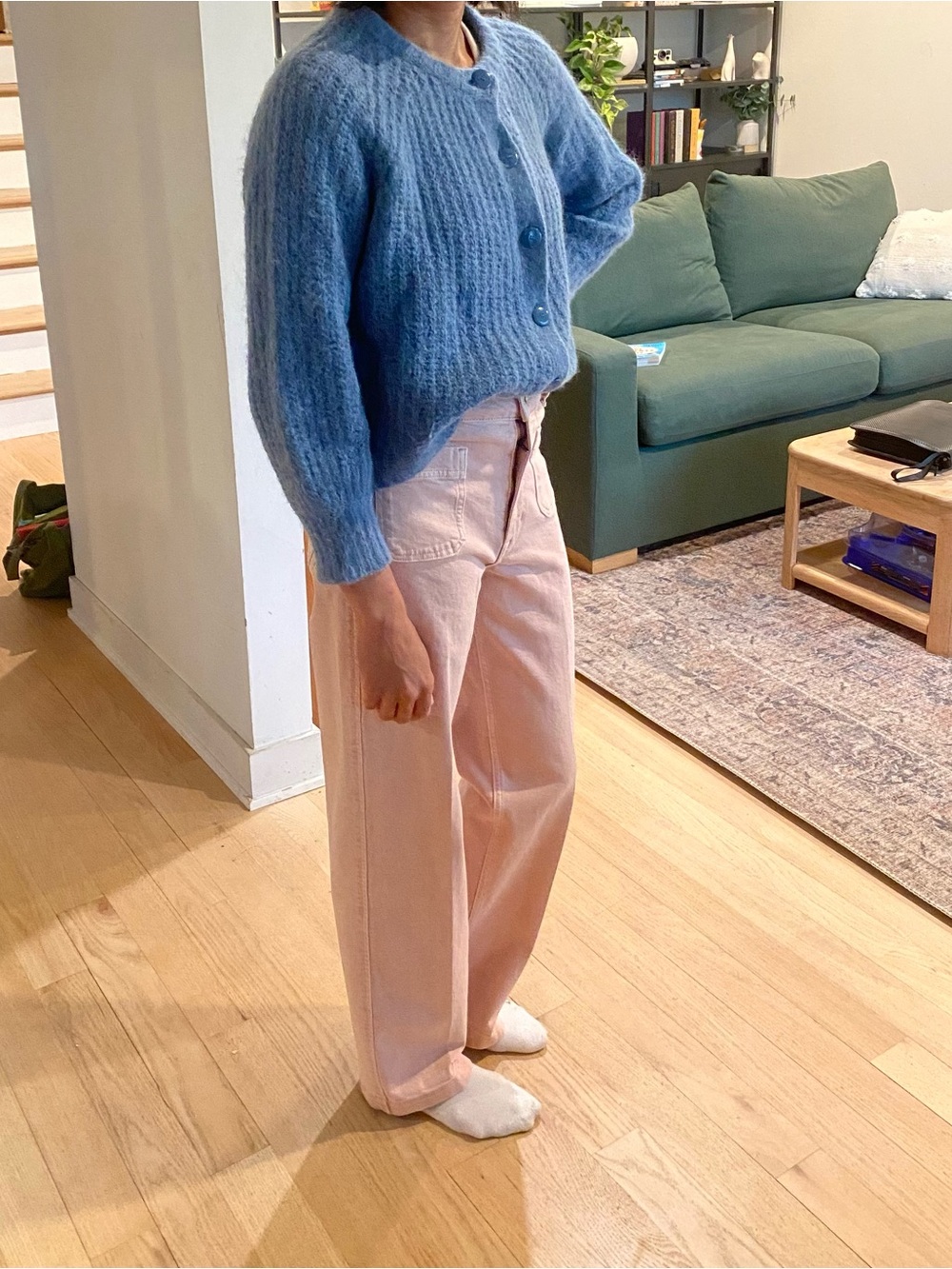 Sezane Soft Blue Button-Front Cropped Cardigan